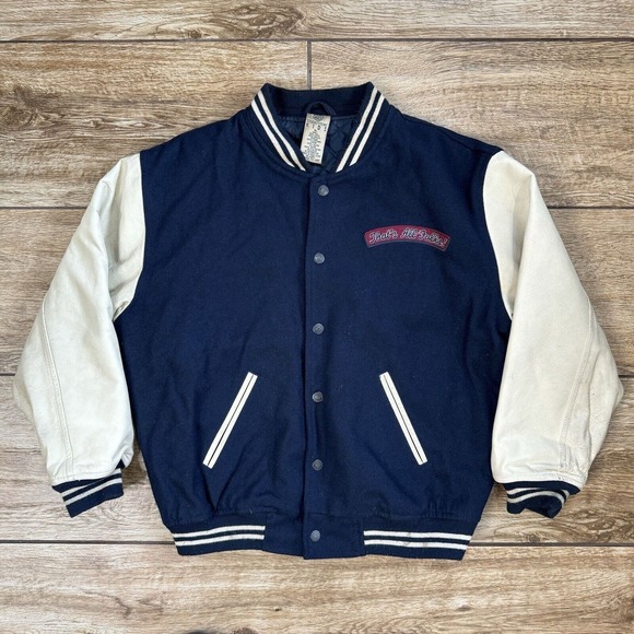 90s Warner Bros Studio Store Kids Wool Leather Varsity Jacket Blue Size XL - Picture 2 of 11